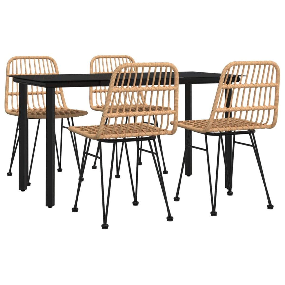 Schwarzer Tisch mit vier Stühlen. Stühle haben gewebte Rücken und schwarze Beine.
