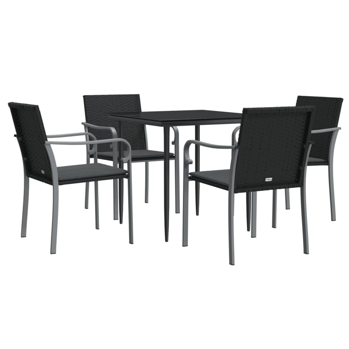 Set aus einem quadratischen Tisch und vier Stühlen, schwarz. Die Stühle haben silberne Metallrahmen.