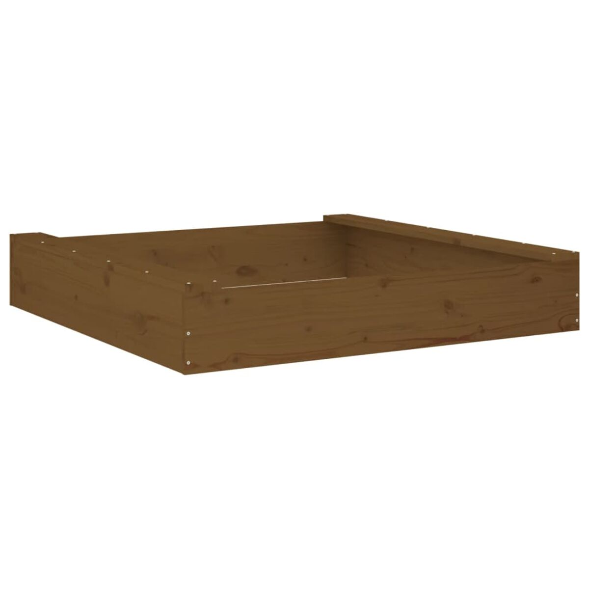 Una sabbiera rettangolare in legno marrone con bordi rialzati. È vuota e la venatura del legno è visibile.