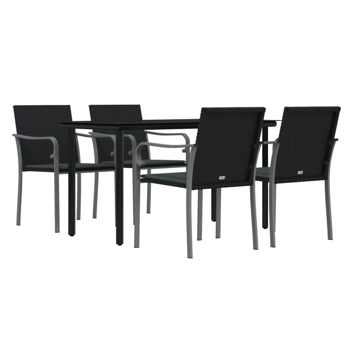 Schwarzes Ess-Set für draußen. Tisch und vier Stühle mit silbernen Beinen.