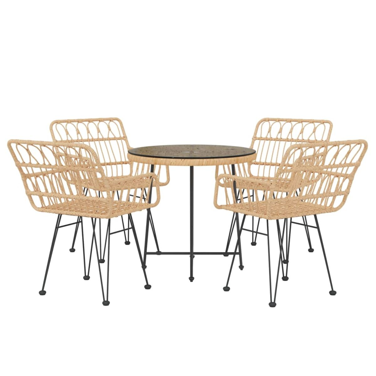Ein runder Tisch und vier gewebte Stühle mit schwarzen Beinen. Der Tisch hat eine Glasplatte.