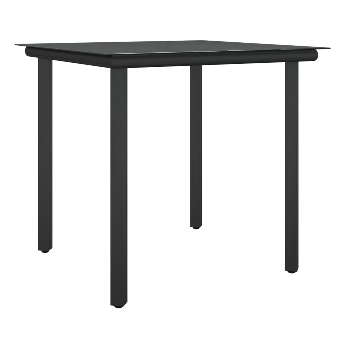 Ein schwarzer quadratischer Gartentisch mit schwarzem Rahmen und Beinen. Der Hintergrund ist weiß.
