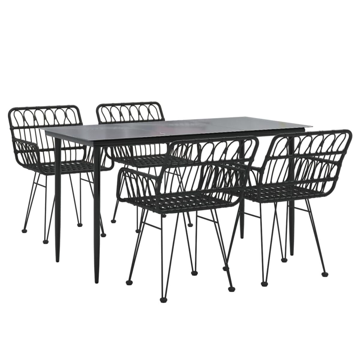 Schwarzes Metall-Ess-Set: Tisch und vier Stühle. Stühle mit einzigartigem Design.