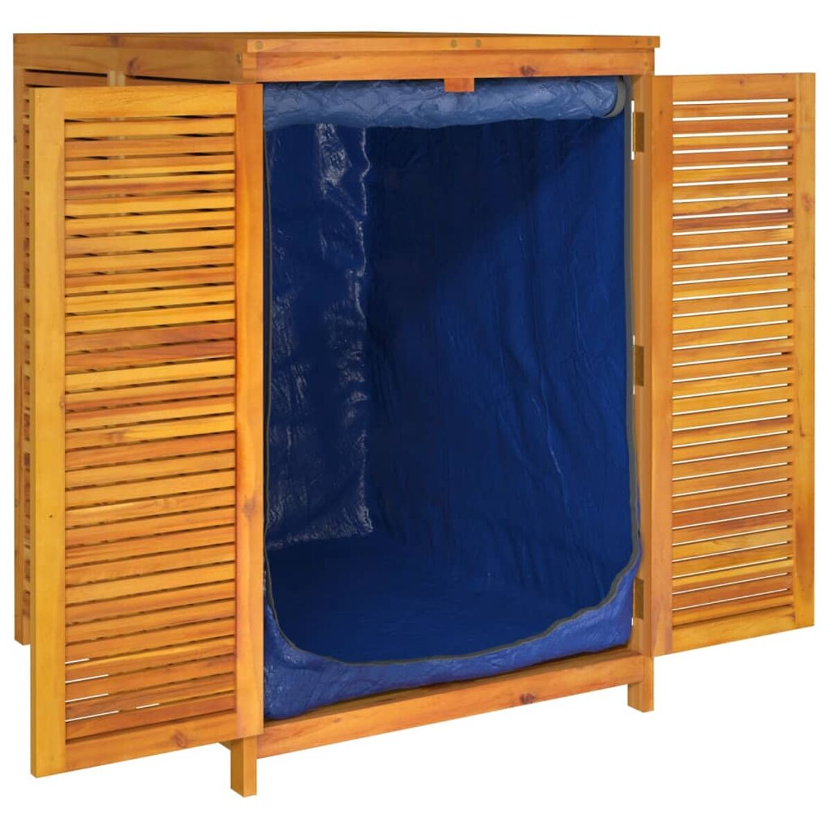 Holzschrank mit offenen Türen; blaue Plane im Inneren.