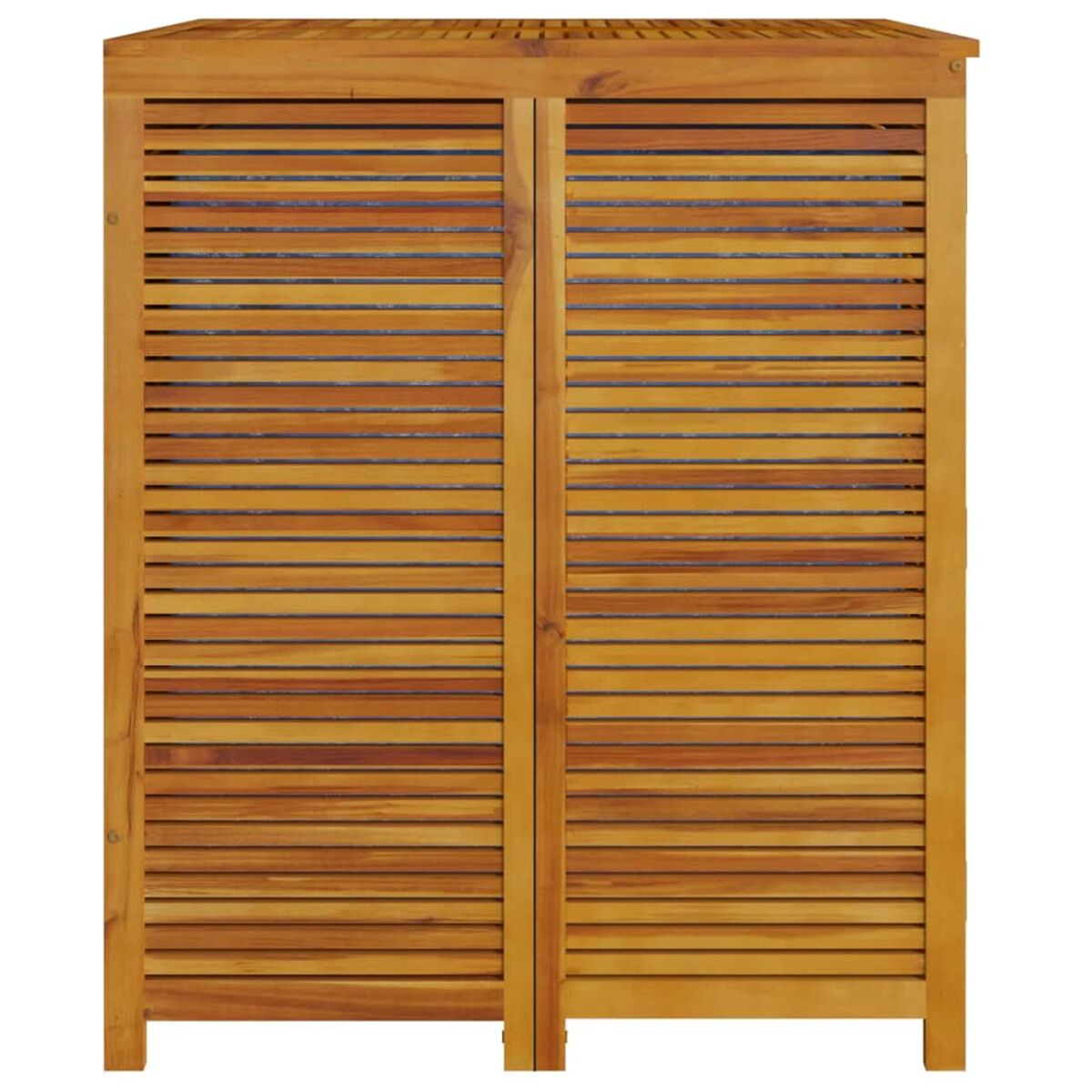 Ein Holzschrank mit horizontalen Lamellen. Der Schrank hat zwei Türen und steht auf weißem Hintergrund.