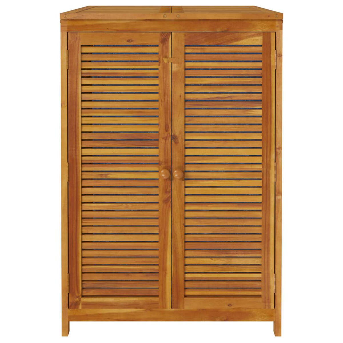 Ein Holzschrank mit zwei Türen. Die Türen haben horizontale Lamellen.