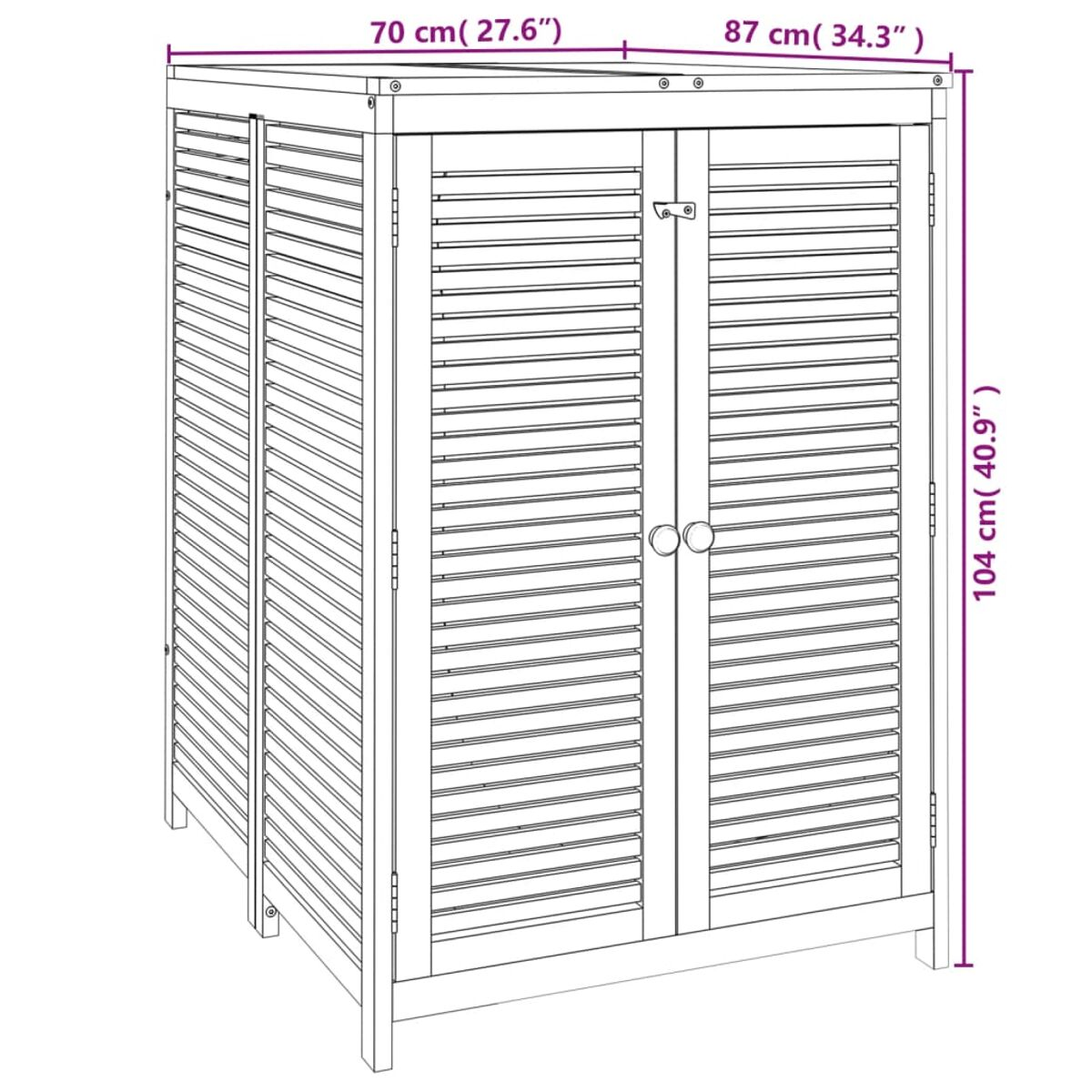 Holzschrank mit Rollladen, Maße in cm und Zoll angezeigt.