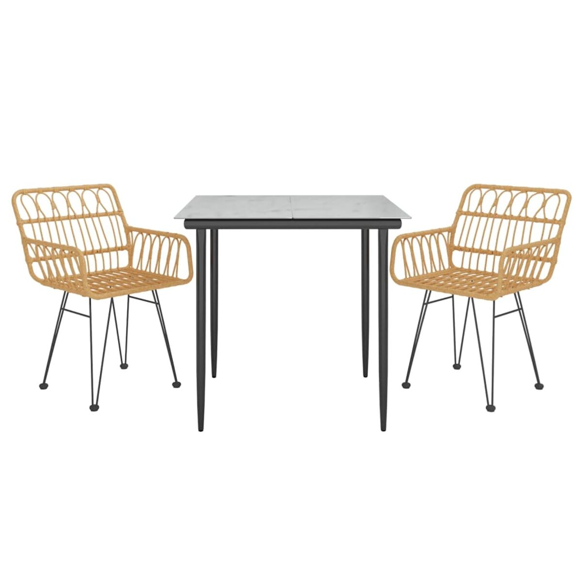 Essgruppe mit zwei Stühlen und einem Tisch. Mit gewebten Stühlen und einem quadratischen Tisch.