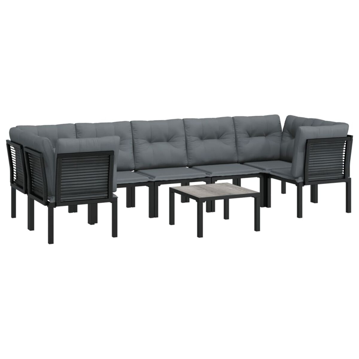 Ecksofa für den Außenbereich mit grauen Kissen, schwarzem Rahmen und kleinem quadratischem Tisch.