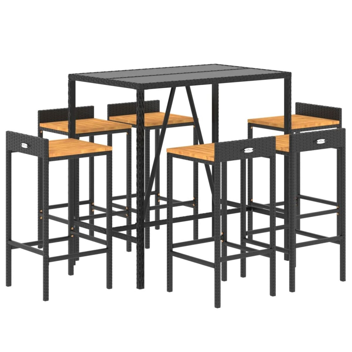 Schwarzes Bar-Set für draußen. Tisch und sechs Barhocker mit Holzsitzen.