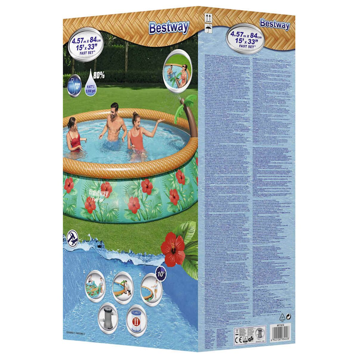 Pool-Box-Verpackung mit Bildern von Menschen im Pool, Blumen und Text.