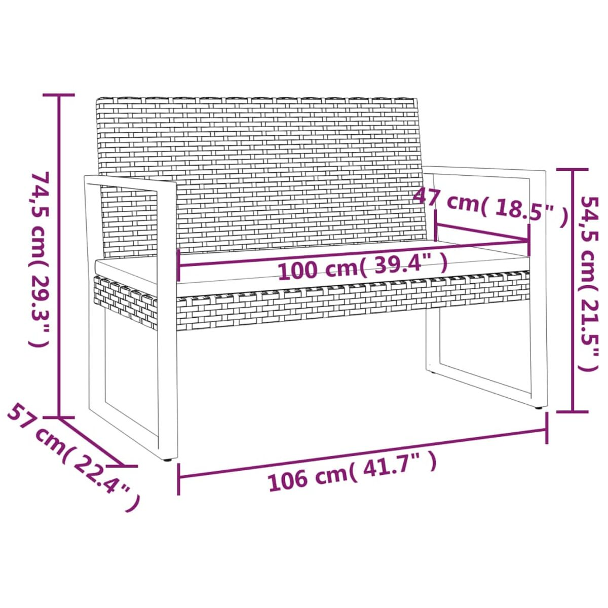 Eine weiße Outdoor-Bank aus Korbgeflecht mit Maßen.