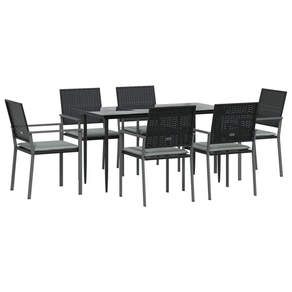 Essgruppe für den Außenbereich mit sechs Stühlen und einem Tisch. Dunkelgrau.