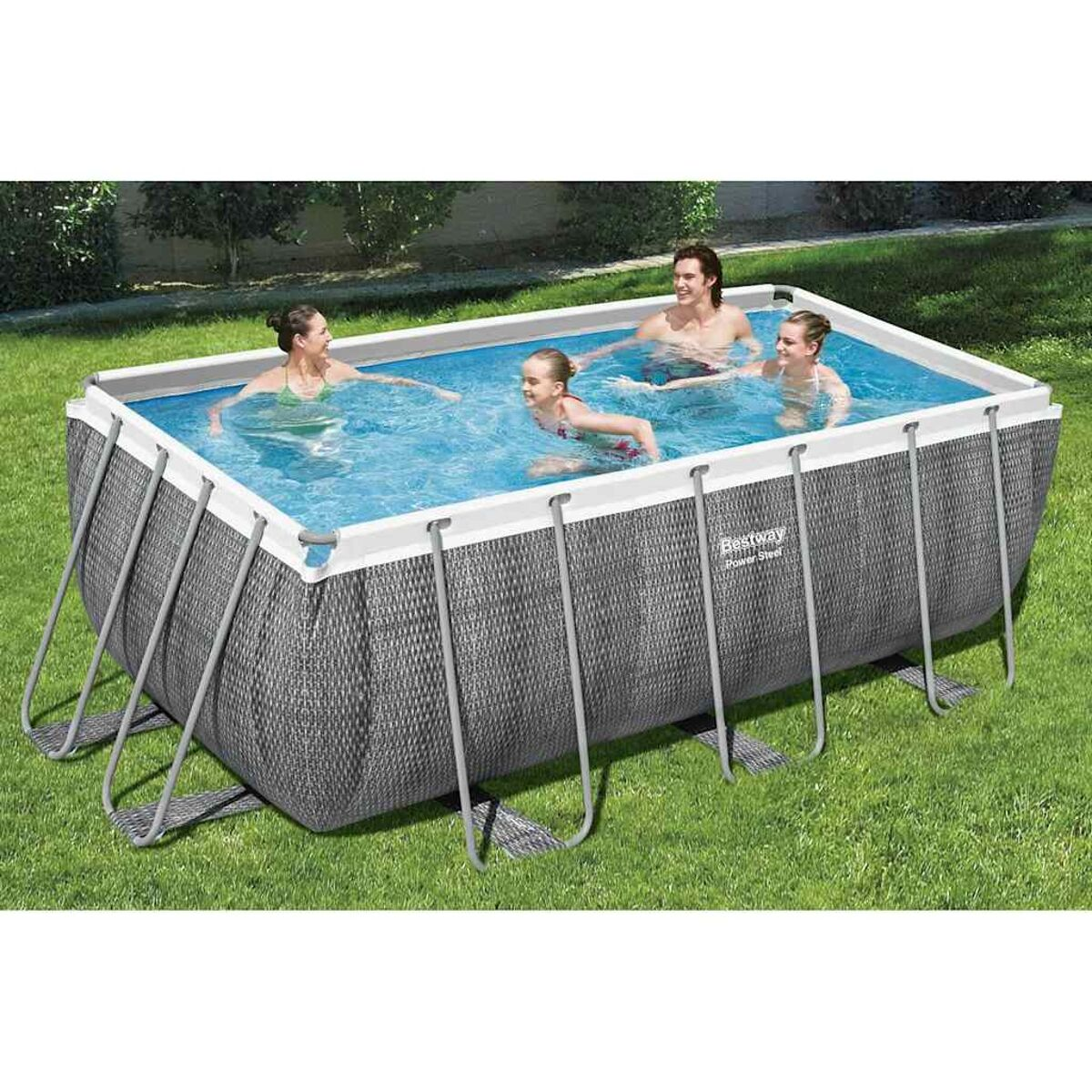 Aufstellpool mit schwimmenden Personen. Grauer Außenbereich mit blauem Inneren.