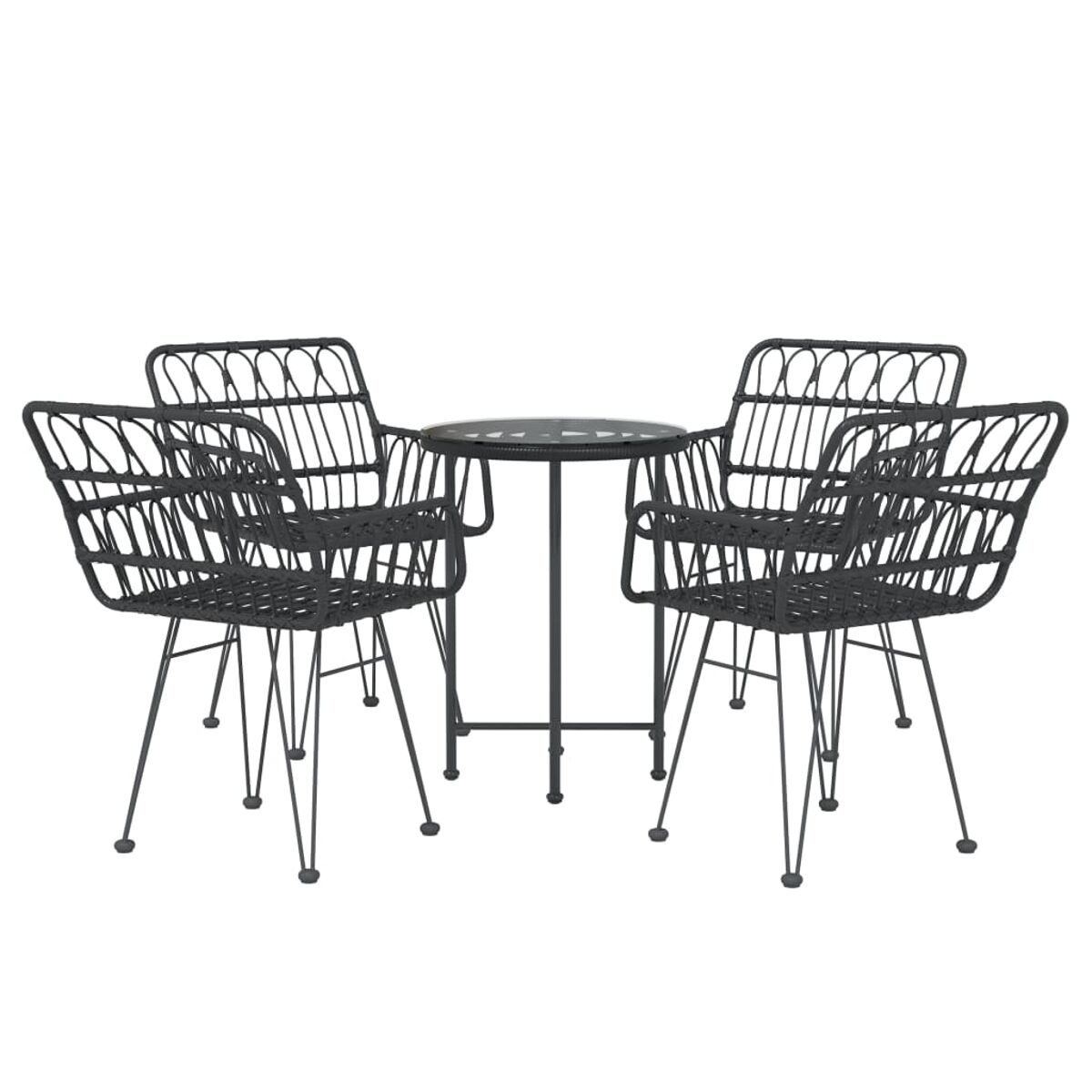 Ein Set aus vier schwarzen Metallstühlen und einem Tisch. Die Stühle haben ein gewebtes Design und der Tisch hat eine Glasplatte.