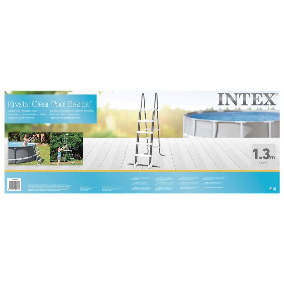 Poolleiter-Box. Marke Intex. Leiter mit Stufen gezeigt. Blaue und weiße Verpackung. Für den Zugang zum Pool.