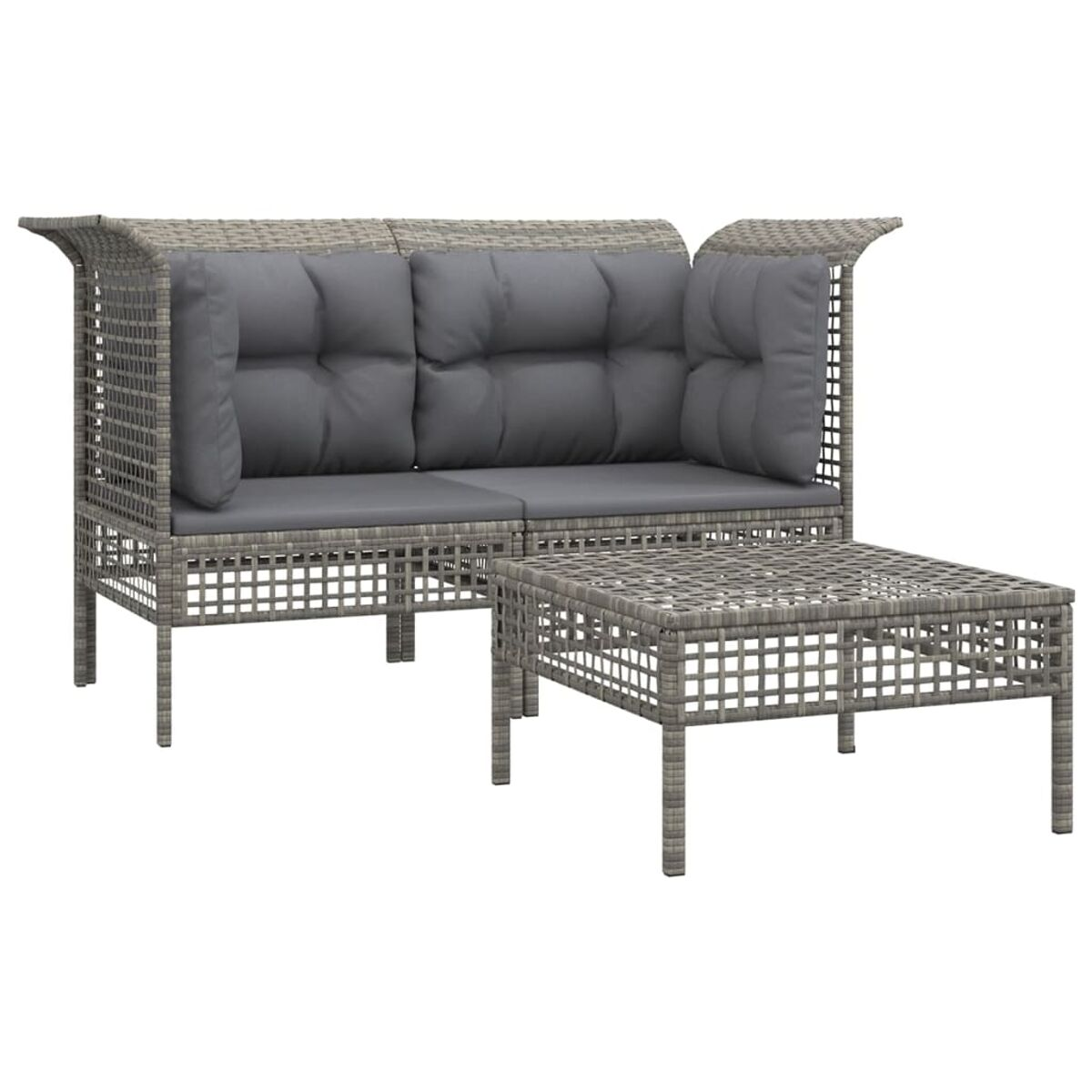Rattansofaset mit grauen Kissen und einem passenden Couchtisch. Das Set ist in einer neutralen Farbpalette gehalten.