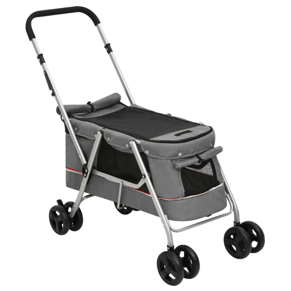 Grauer Tierkinderwagen mit Rädern, Stauraum und Griff.