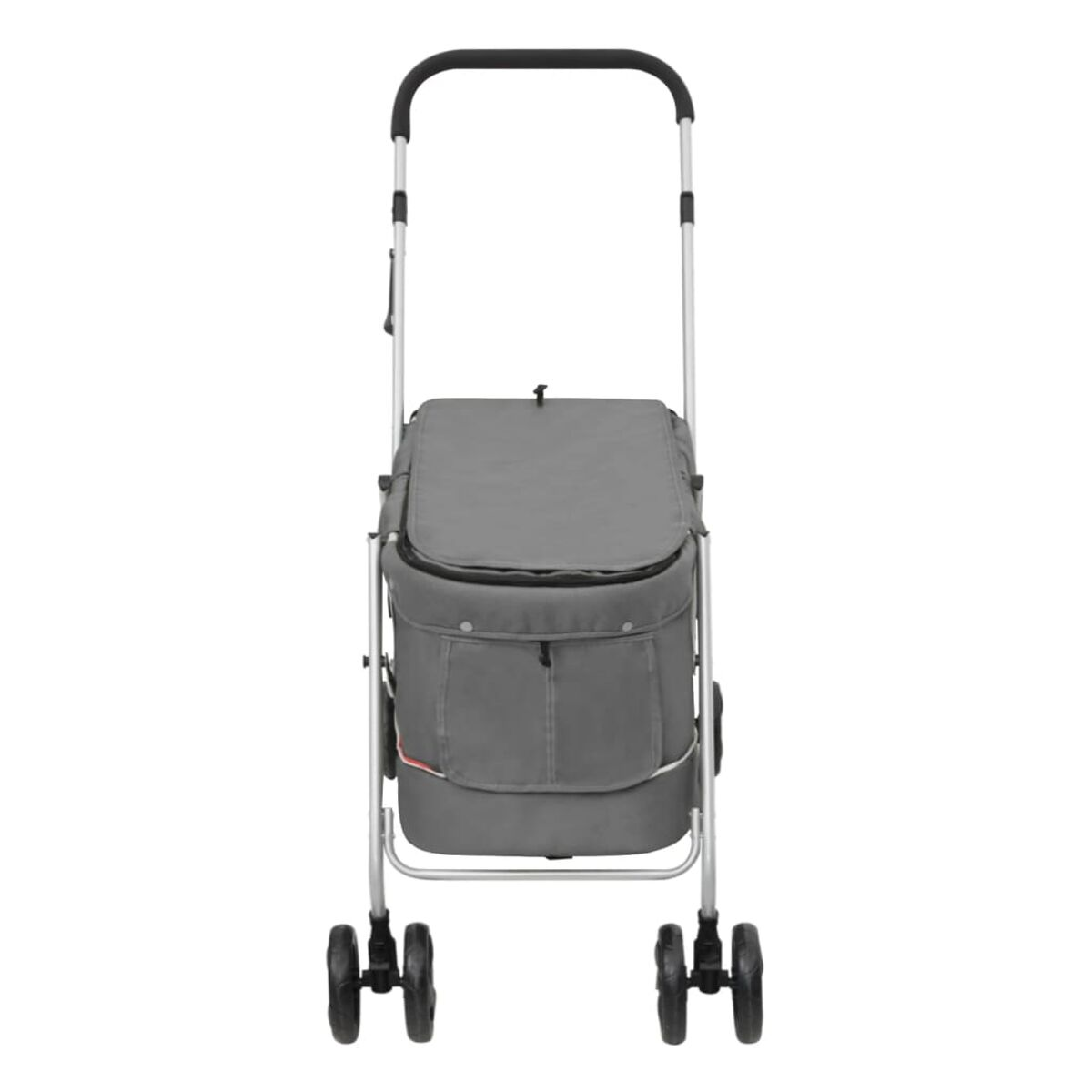 Ein grauer Einkaufswagen mit Griff und Rädern. Der Wagen hat ein Staufach.