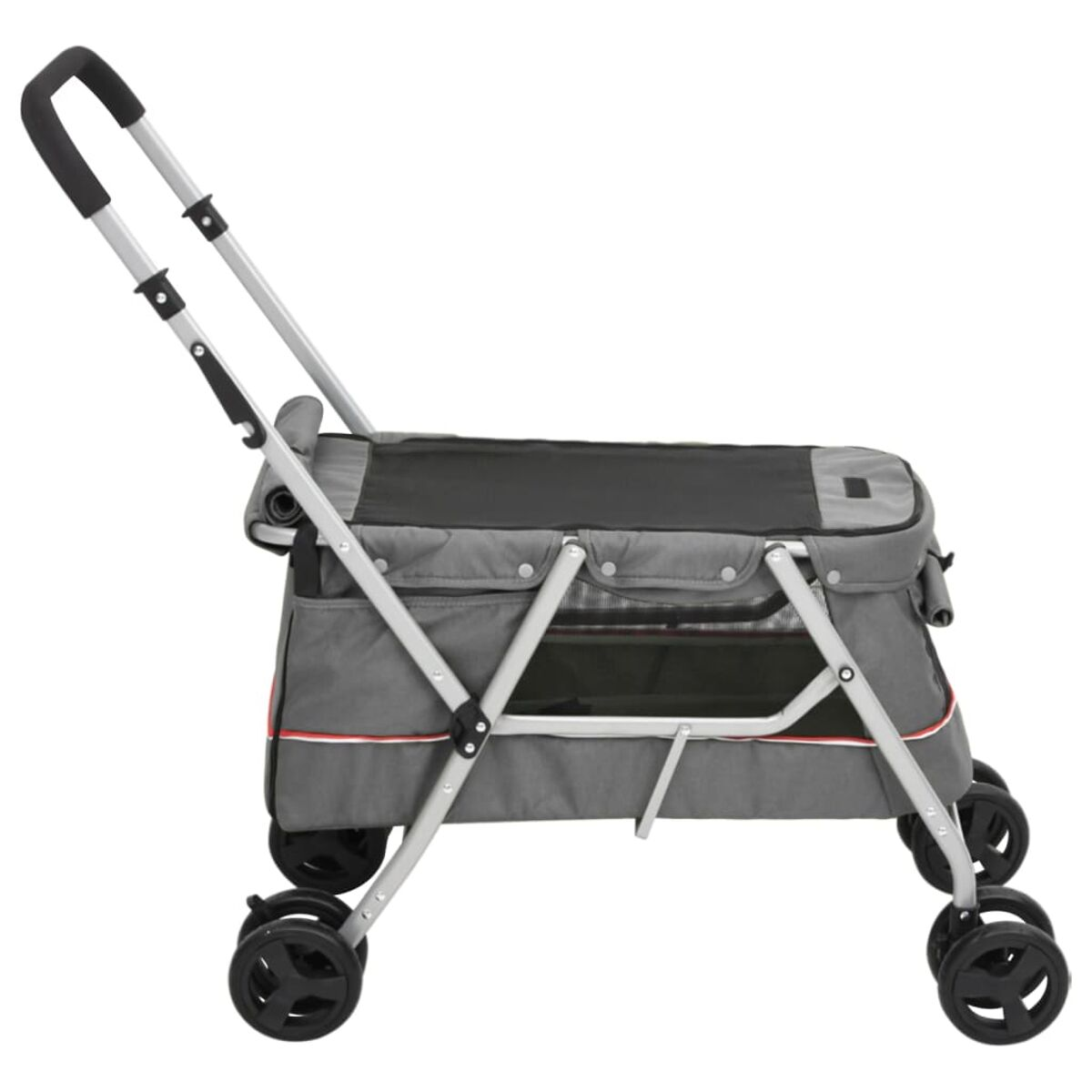 Grauer Haustier-Kinderwagen mit vier Rädern, Griff und Mesh-Fenstern. Der Kinderwagen ist zusammengeklappt.