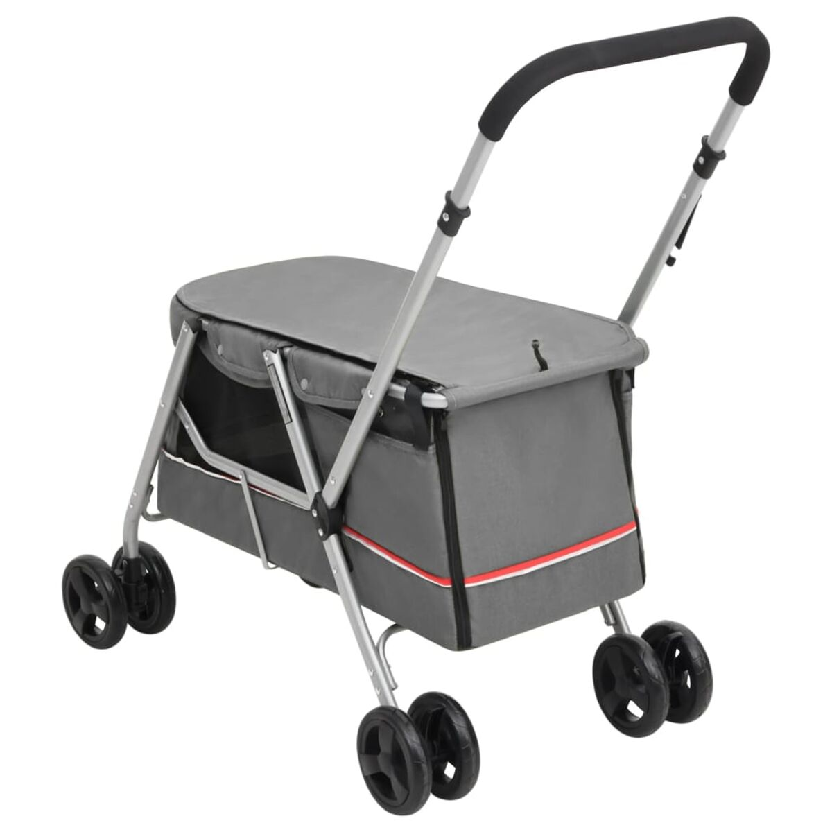 Grauer Haustier-Buggy mit vier Rädern, schwarzem Griff und rotem Streifen, isoliert auf Weiß.