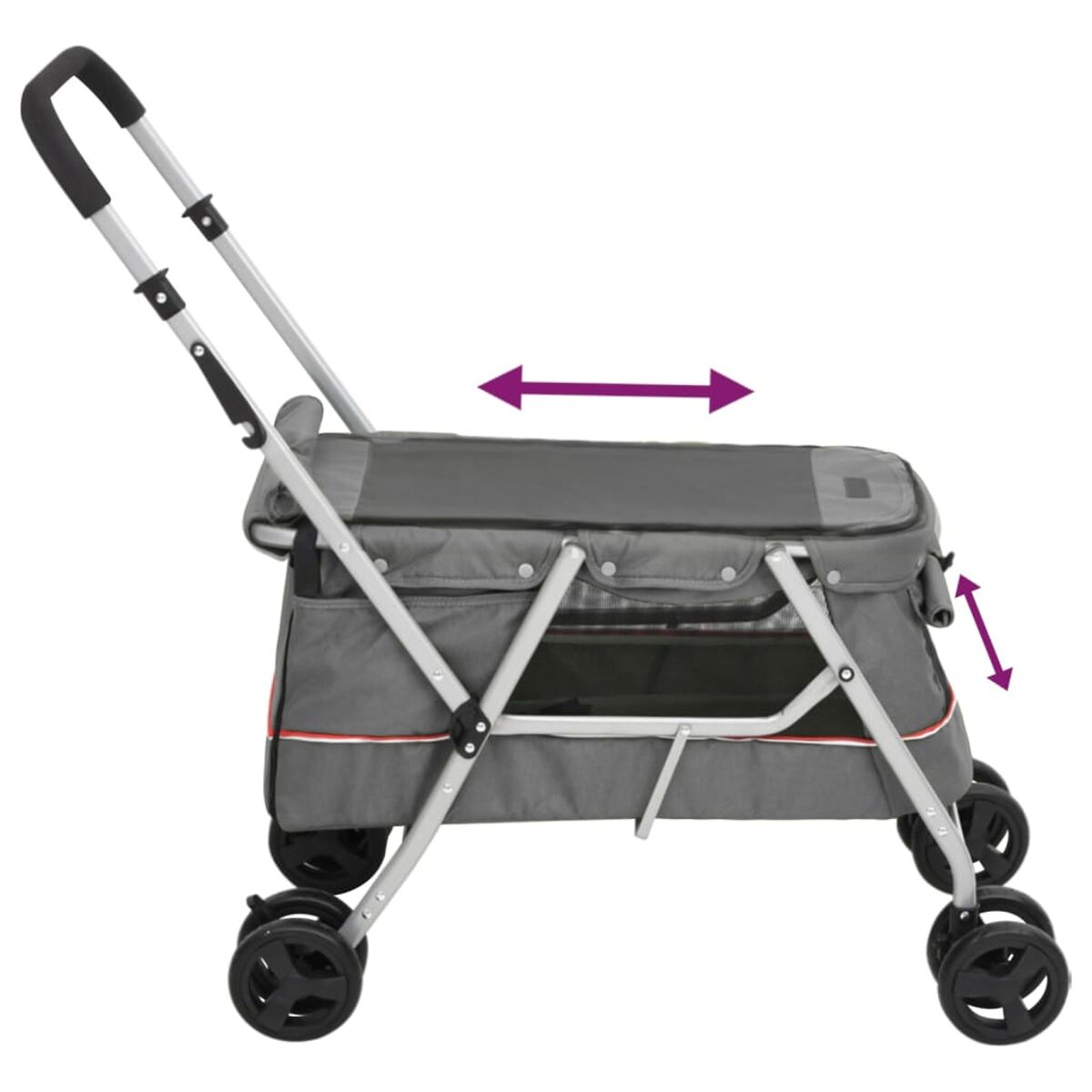Haustier-Kinderwagen, grau, mit Pfeil, der die Ausdehnung anzeigt.
