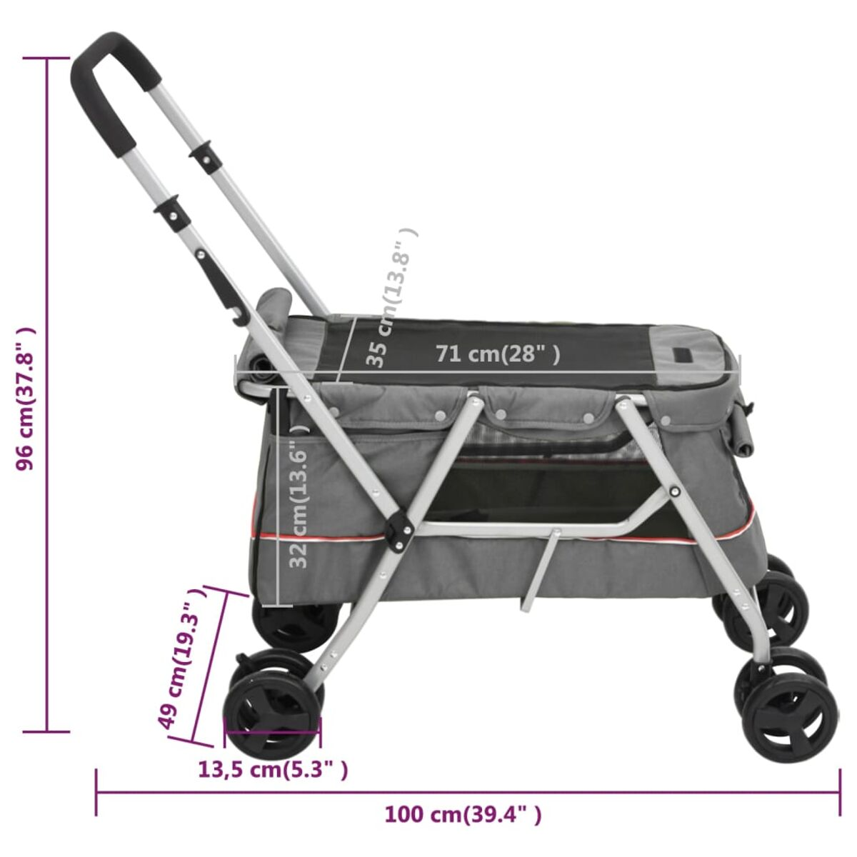 Ein grauer Haustier-Kinderwagen mit angegebenen Abmessungen. Der Wagen hat Räder und einen Griff.