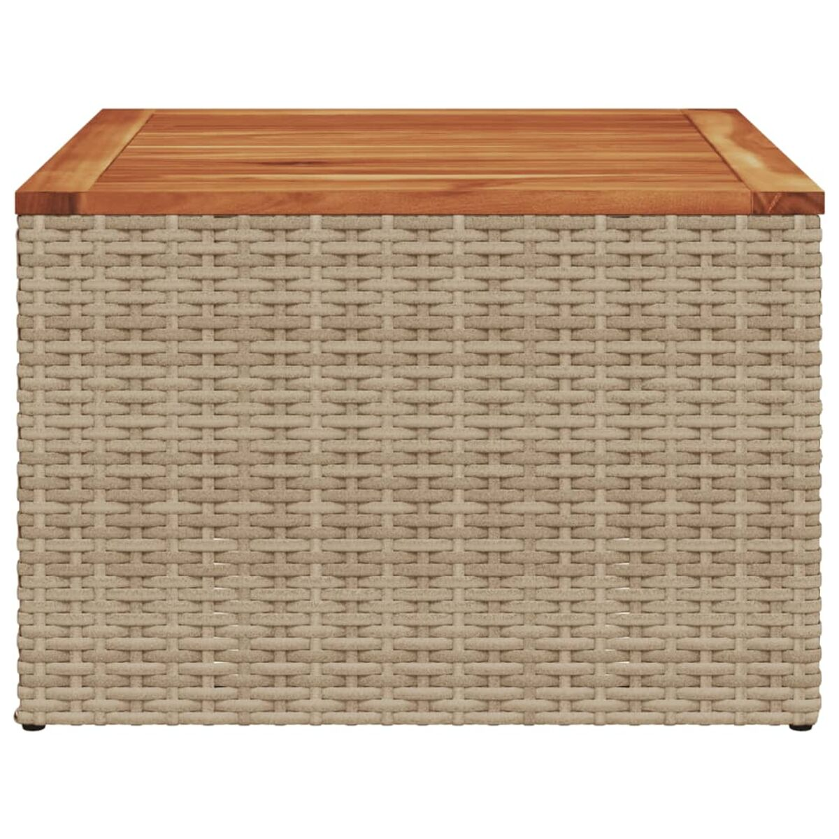 Eine gewebte beige Aufbewahrungsbox mit Holzplatte. Die Box hat eine rechteckige Form und ist auf weißem Hintergrund.