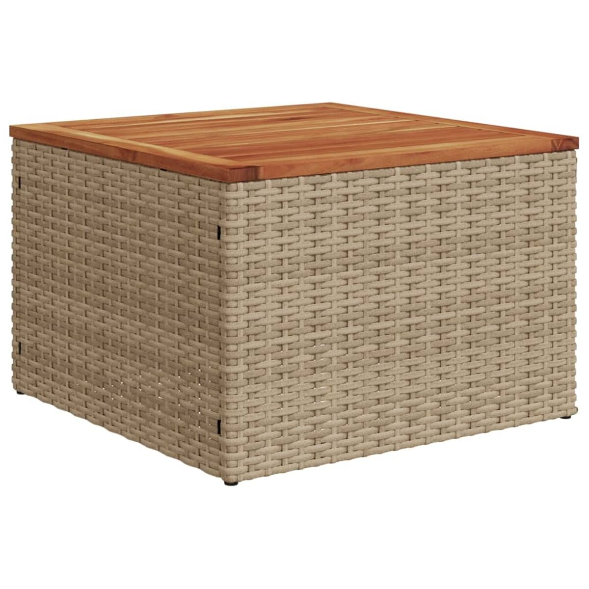 Quadratischer, beiger Beistelltisch aus Korbgeflecht mit Holzplatte. Perfekt für Gartenmöbel.