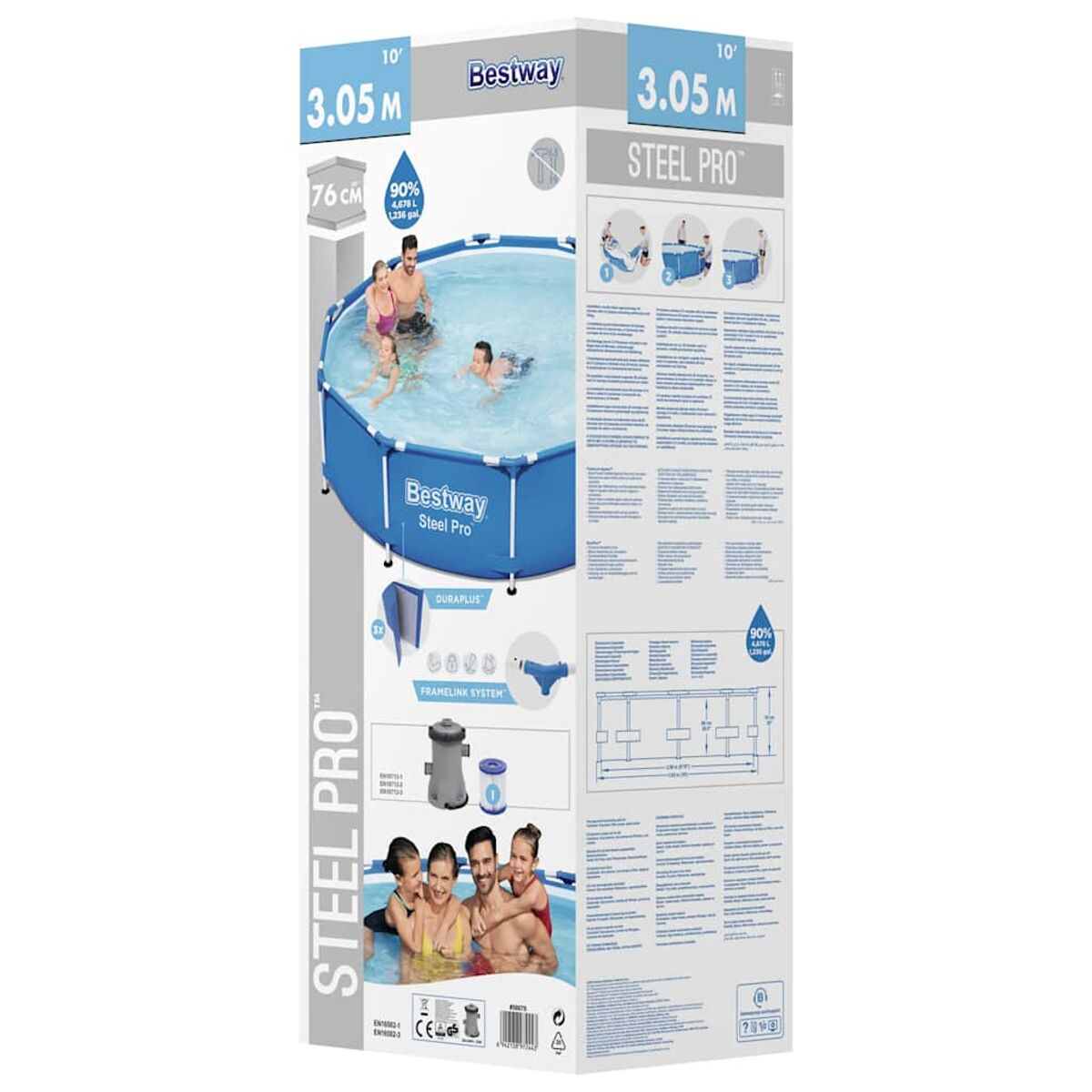 Eine Box mit einem Bild eines oberirdischen Pools. Die Box zeigt Personen im Pool und Poolspezifikationen.