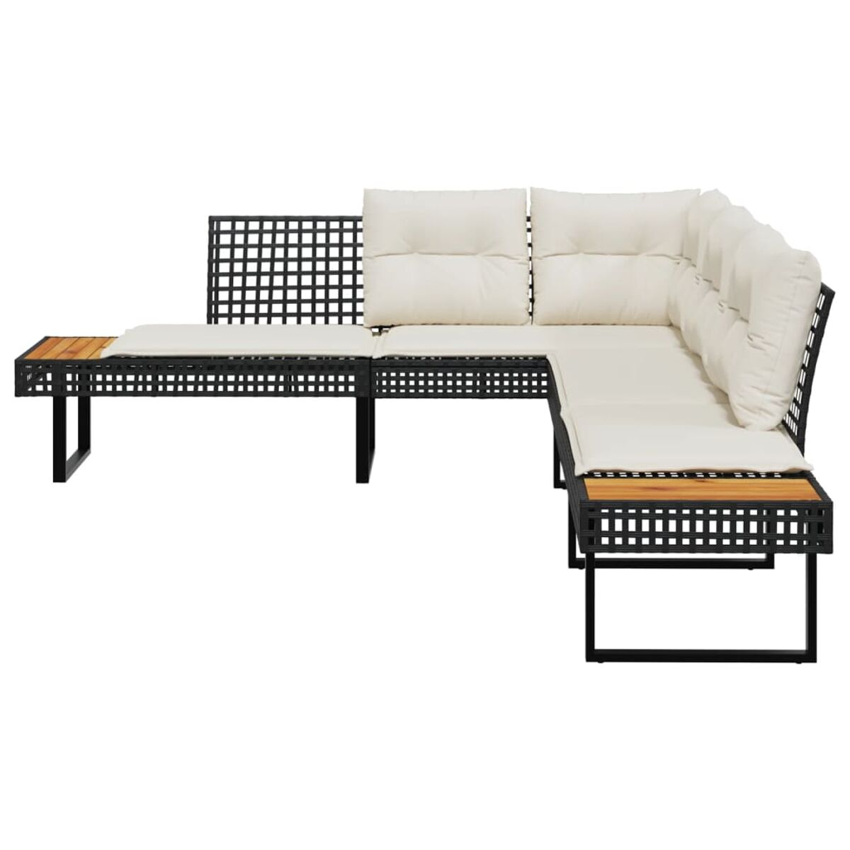 Divano angolare da esterno in metallo nero con cuscini beige. 