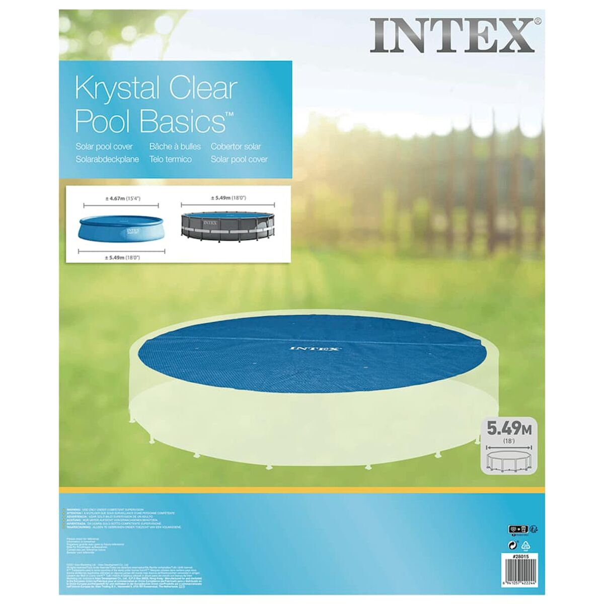 Blaue Solar-Poolabdeckung auf grünem Gras, mit Diagramm der Poolabmessungen.