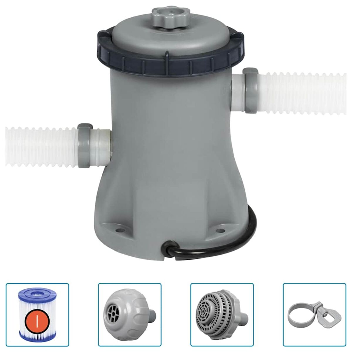 Grauer Poolfilter mit weißen Schläuchen. Mehrere Teile sind unten sichtbar.