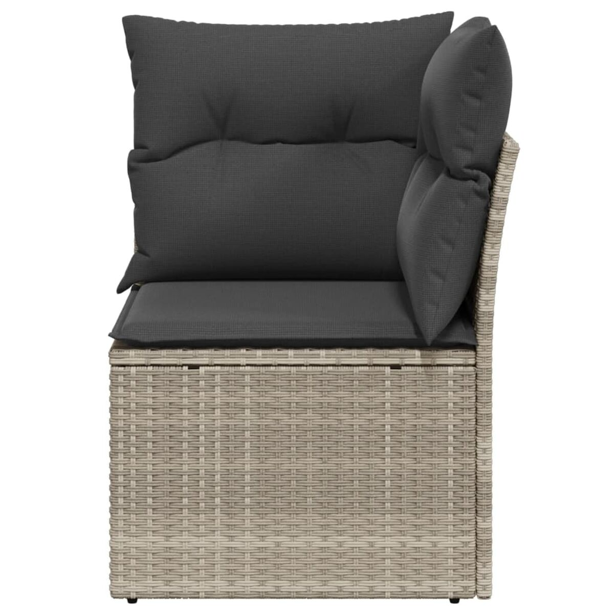 Sezione divano angolare. Vimini beige con cuscino grigio.
