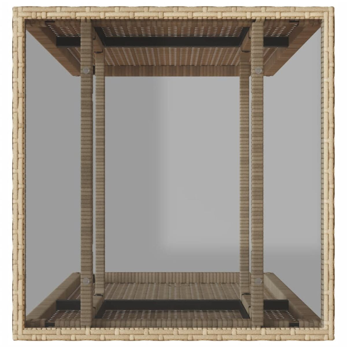Draufsicht auf einen Tisch im Korbgeflecht-Stil mit Glasplatte und Metallstützen.