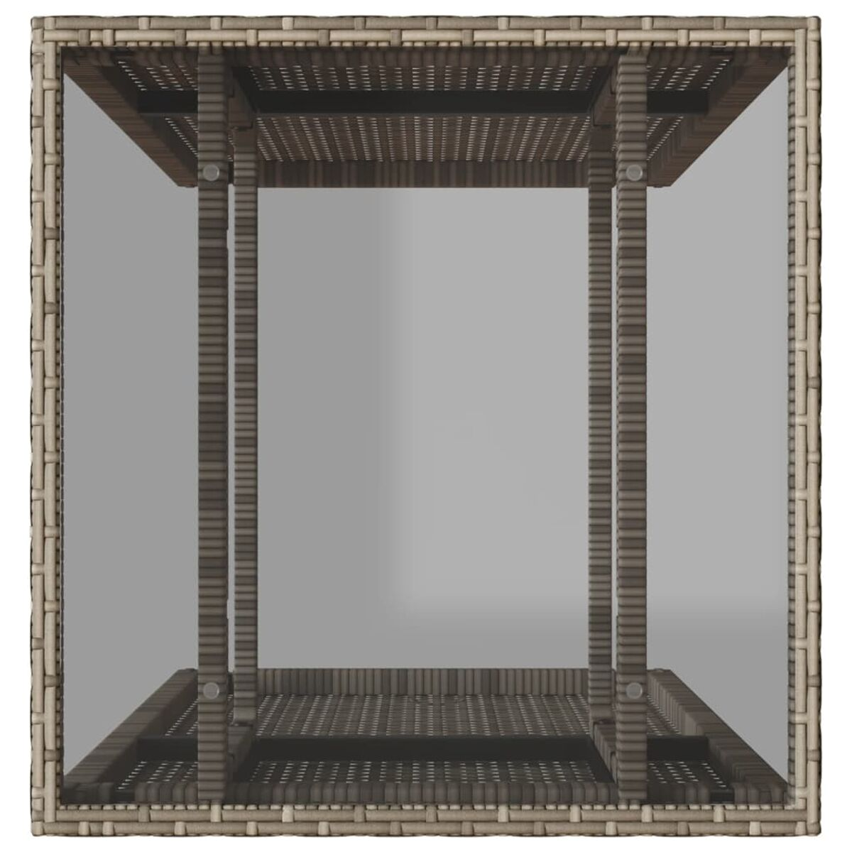 Draufsicht auf einen Korbtisch mit Glasplatte und quadratischem Rahmen.