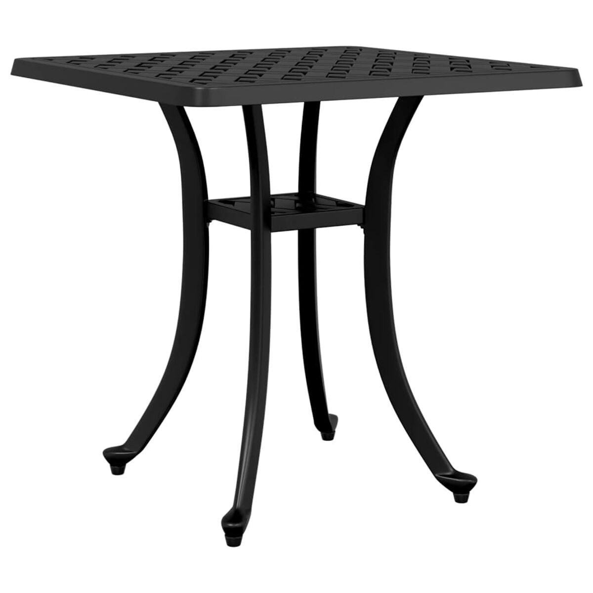 Schwarzer quadratischer Gartentisch mit gemusterter Oberseite und gebogenen Beinen. Er hat eine zentrale Stützstruktur.