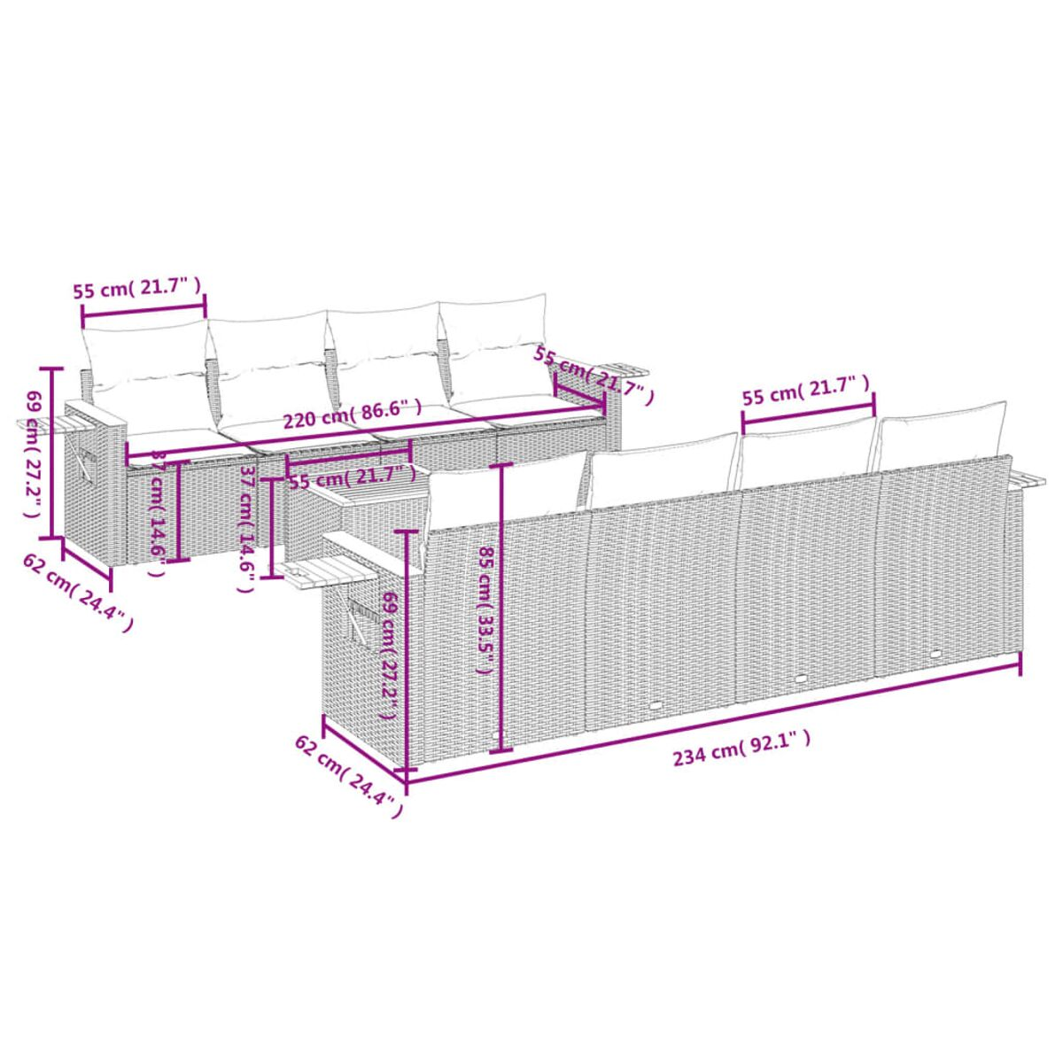 Set divano in vimini da esterno con dimensioni. Include un divano, due poltrone e un tavolo.