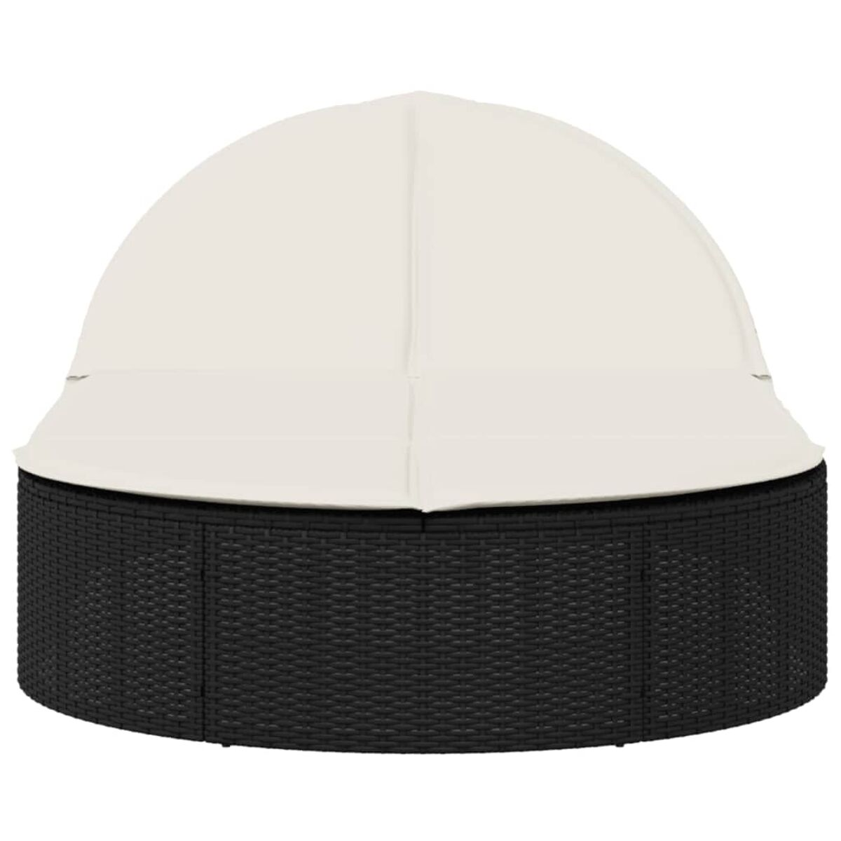 Schwarzes und cremefarbenes kreisförmiges Outdoor-Sofa mit weißem Baldachin. Der Sockel ist gewebt.