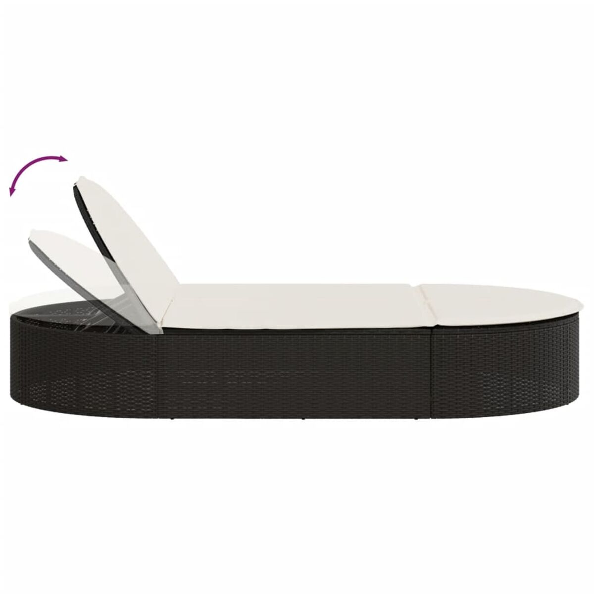 Schwarze Rattan-Chaiselongue mit verstellbarer Rückenlehne. Die Liege befindet sich auf weißem Hintergrund.