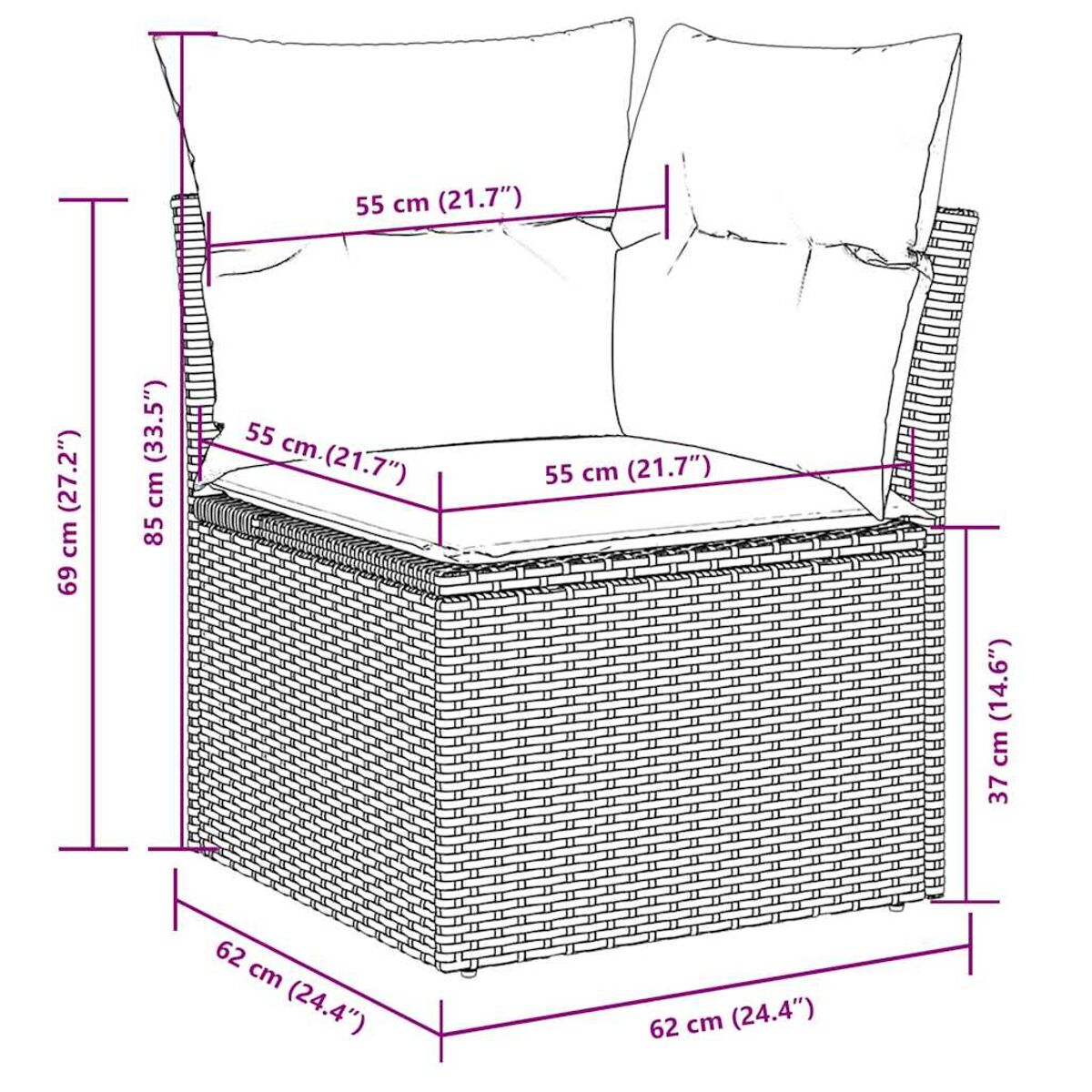 Sedia in vimini con dimensioni etichettate in cm e pollici, con cuscino e schienale.