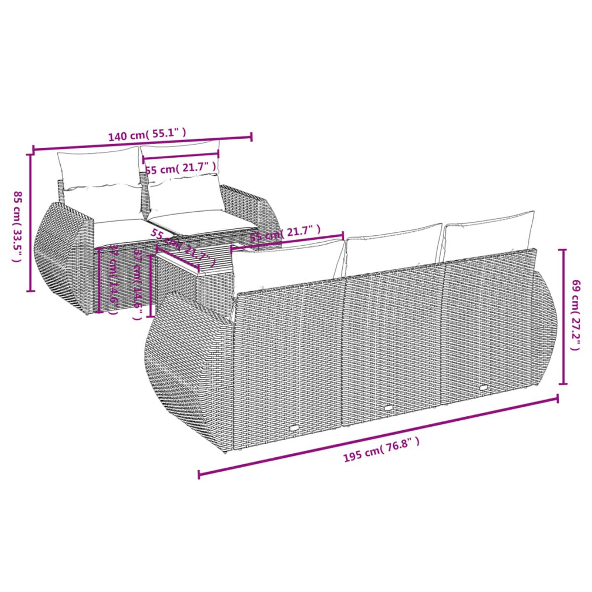 Diagramm mit Abmessungen von Gartenmöbeln. Ecksofa und ein Sessel mit einem Beistelltisch. Weißer Hintergrund.
