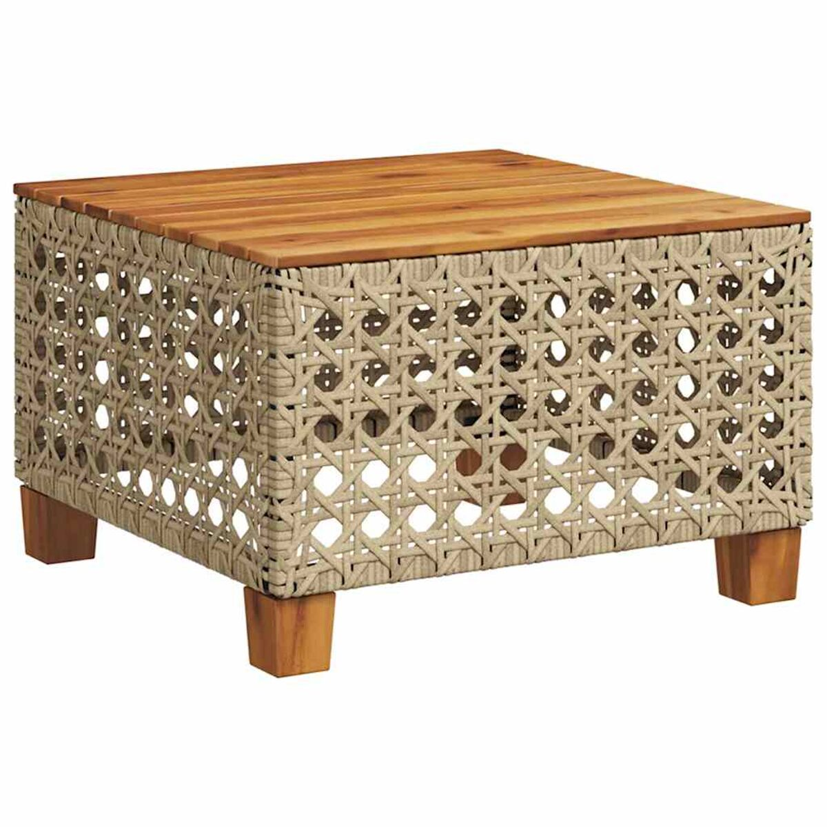 Tavolino quadrato con piano in legno e lati in corda intrecciata. Naturale e moderno.