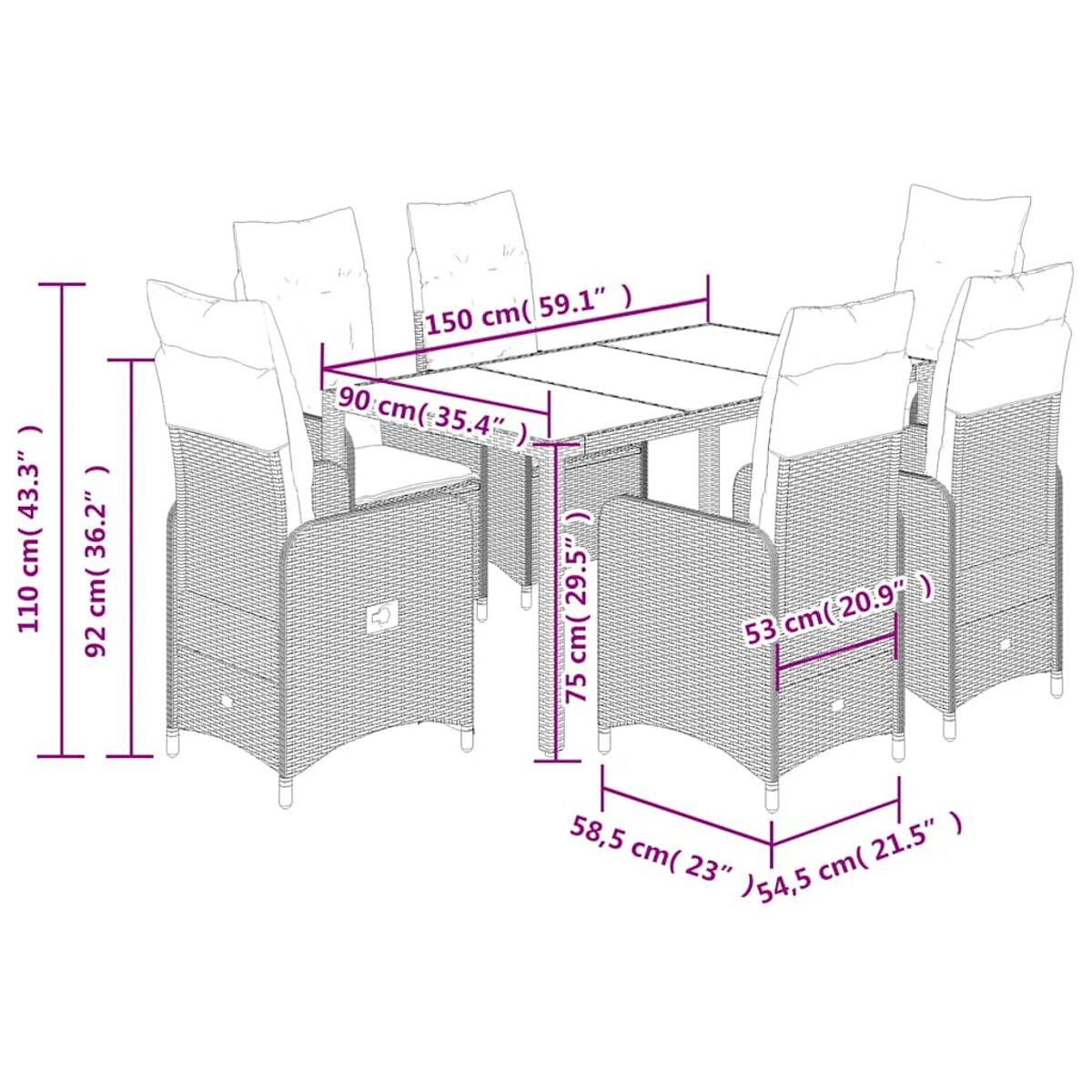 Set da pranzo per esterni. Sedie in rattan e tavolo rettangolare. Dimensioni visualizzate.