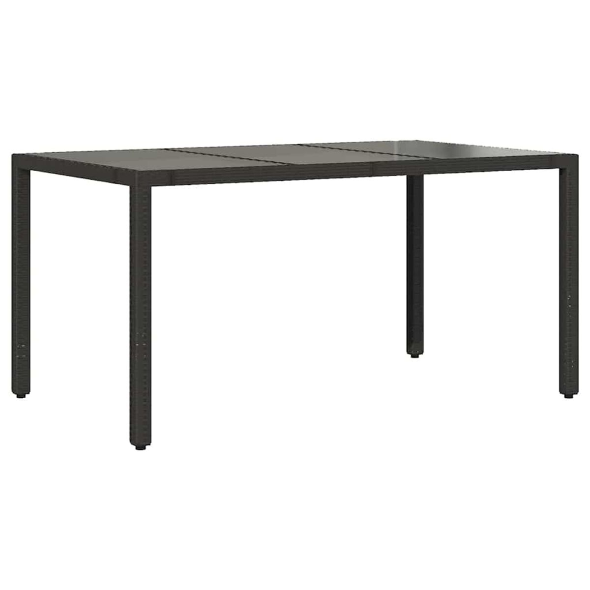 Tavolo da pranzo esterno grigio scuro con quattro gambe e superficie intrecciata.