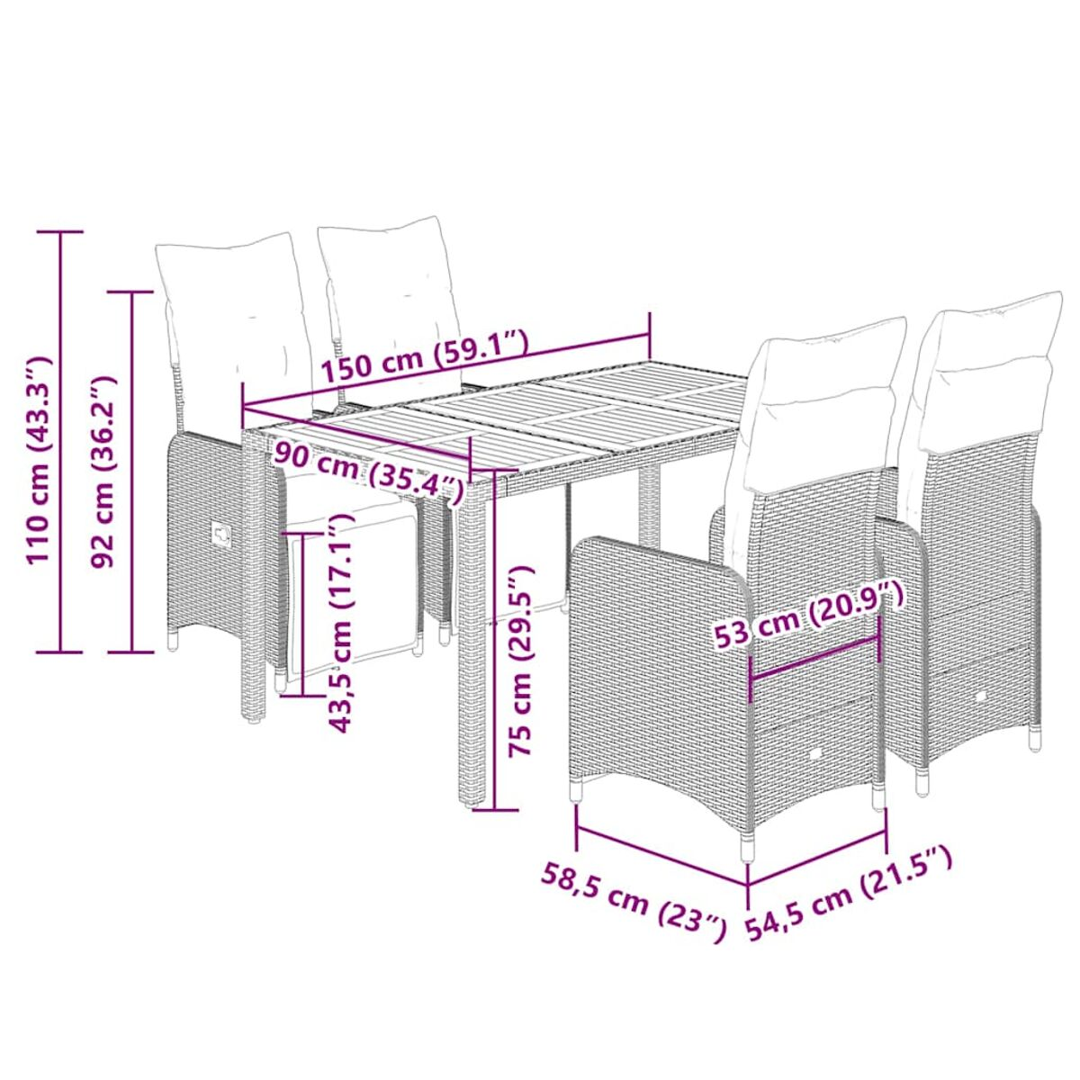 Diagramma che mostra le dimensioni del set da pranzo all'aperto: tavolo 150 cm, sedie alte 110 cm, larghe 53 cm.