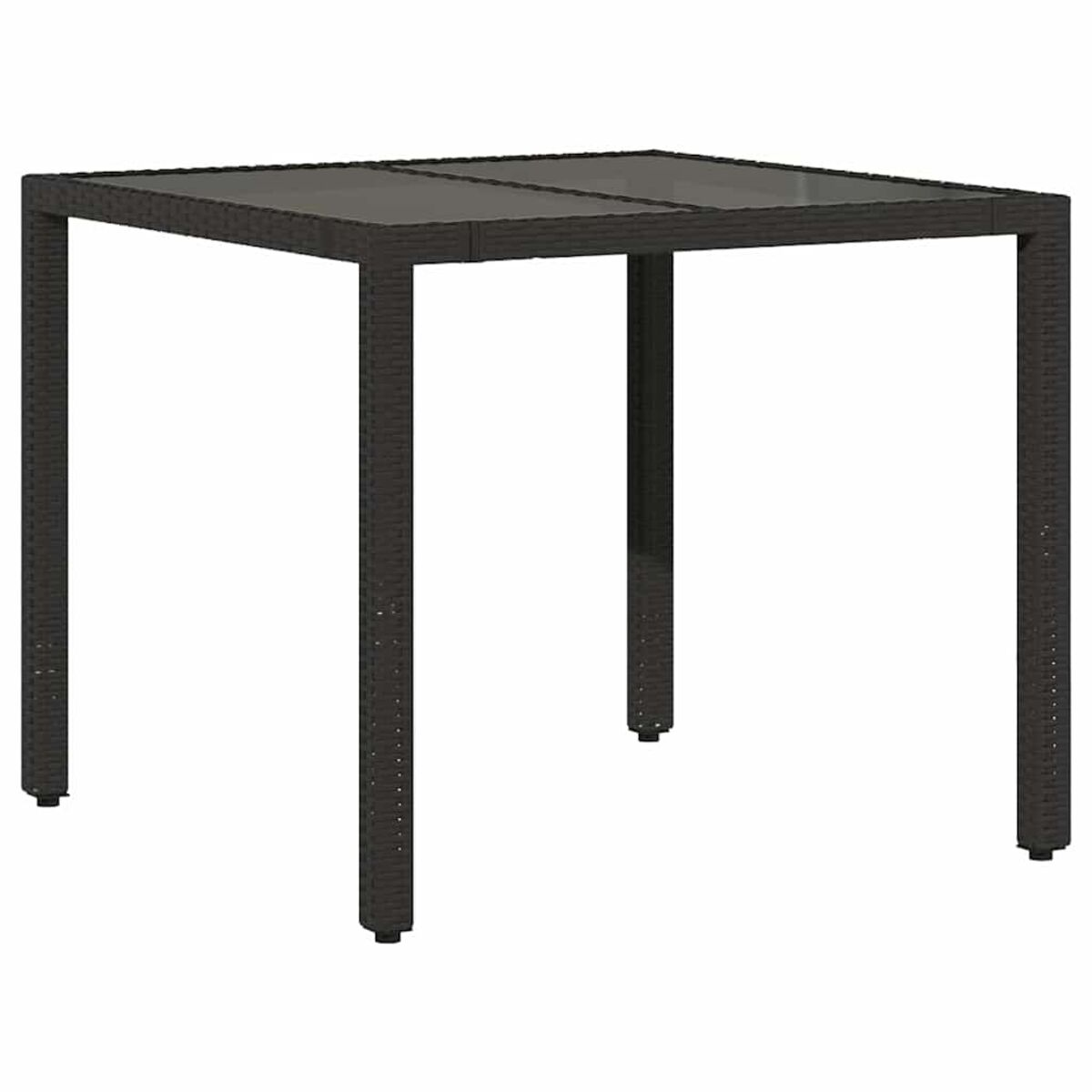 Quadratischer, dunkelbrauner Gartentisch. Korbgeflechtstruktur, vier Beine, Glasplatte.