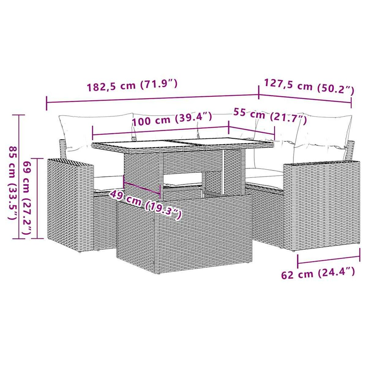 Rattan-Set mit Sofa und Tisch, Abmessungen beschriftet, weißer Hintergrund.