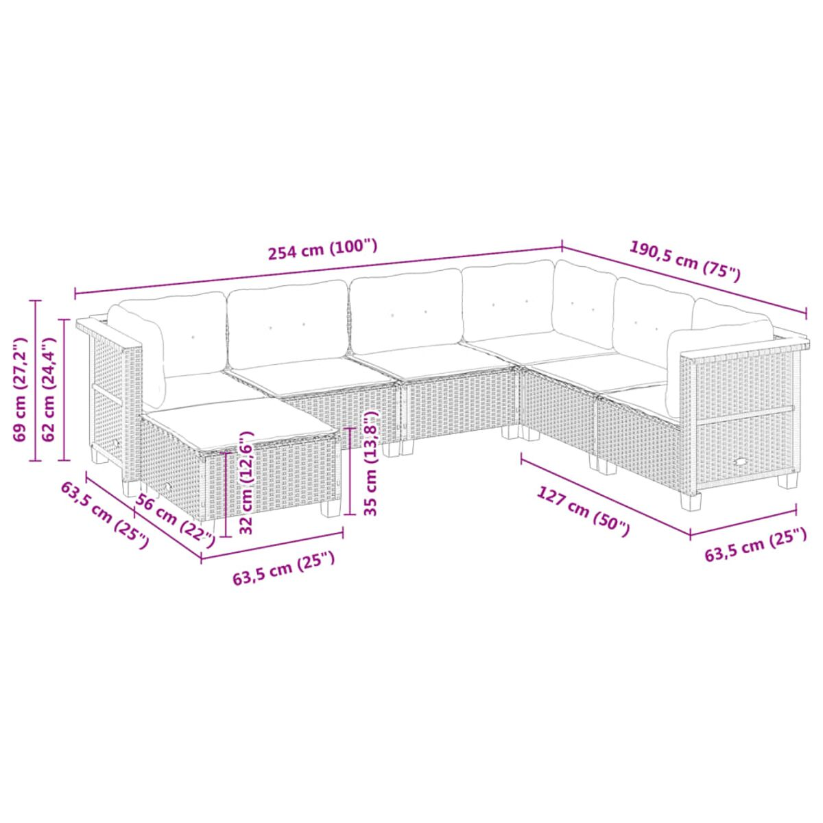 Ein großes Ecksofa für den Außenbereich mit Kissen, Abmessungen werden angezeigt.