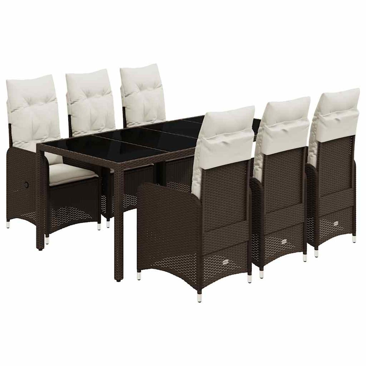 Set da pranzo in vimini marrone scuro: un tavolo con piano in vetro nero e 6 sedie con cuscini bianchi.